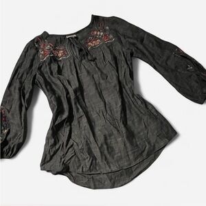 Knox Rose Black Chambray Embroidered Tie Neck Long Sleeve Blouse, Sz Medium